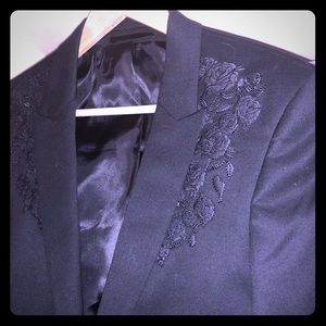 Topshop Topman black long embroidered skinny coat.